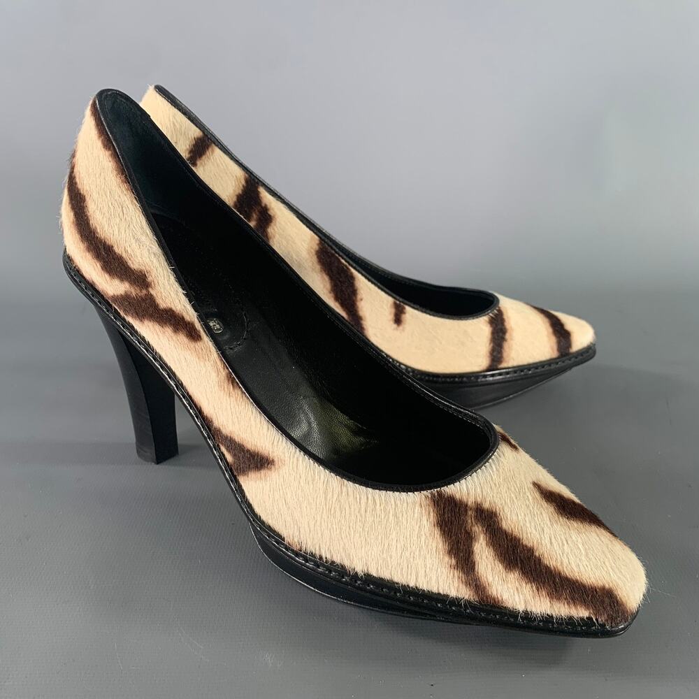 CELINE Size 7 Cream Brown Animal Print Calf hair Pointed Toe Pumps